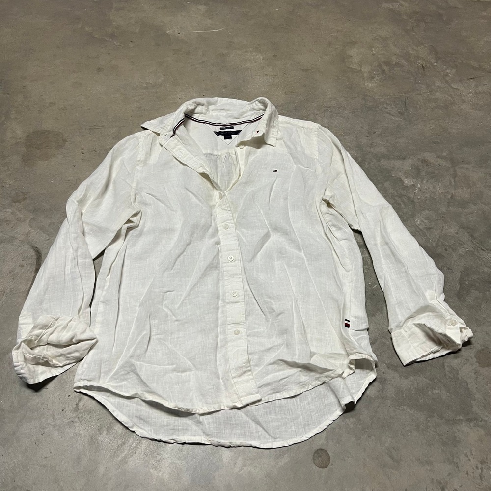 Tommy Hilfiger Mens White 100% Linen Relaxed Fit Button Down Shirt M 76J4146